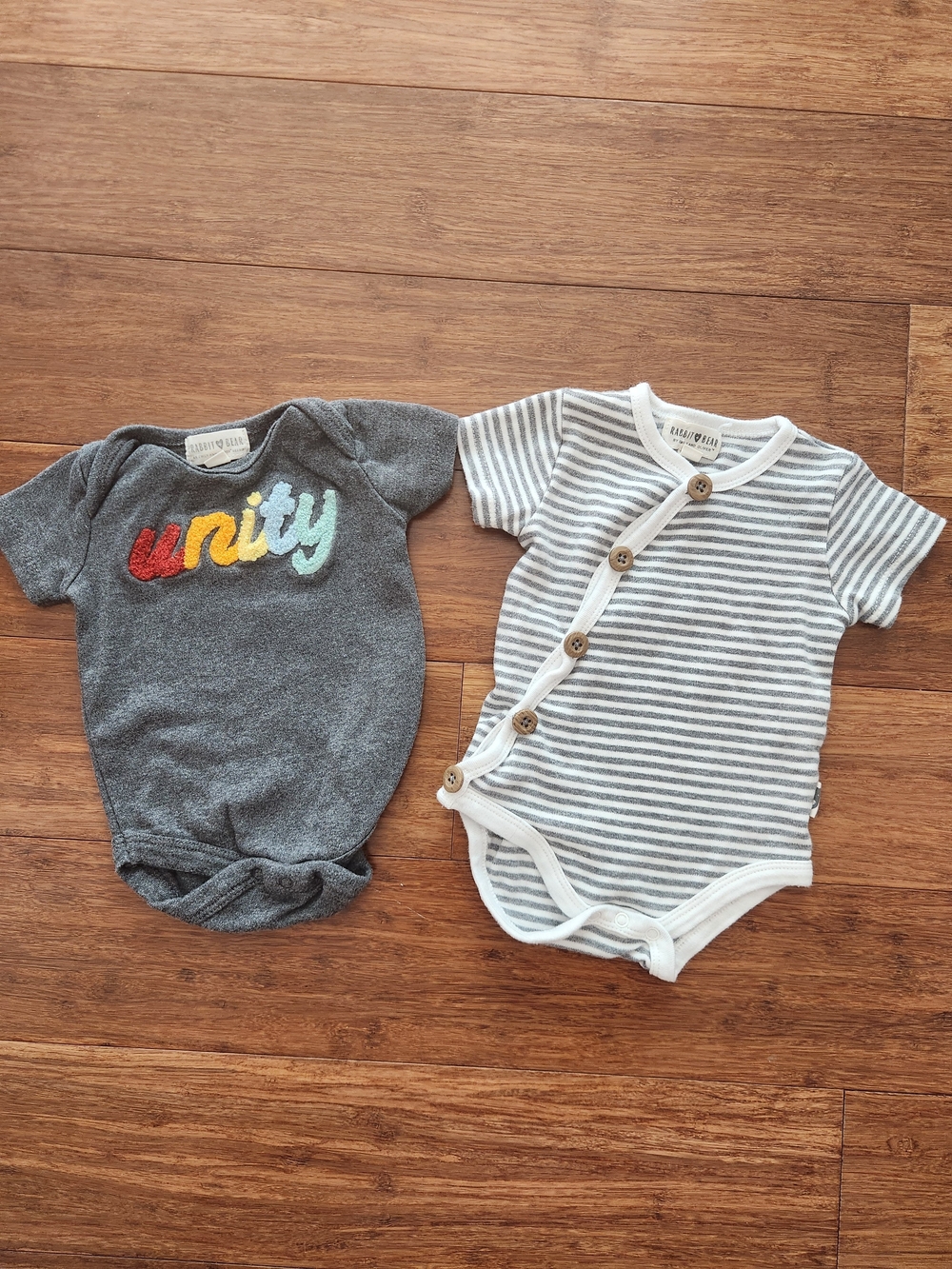 Set Of 2 Rabbit + Bear Baby Boy Gray Rainbow Button Bodysuits, 3-6 Months